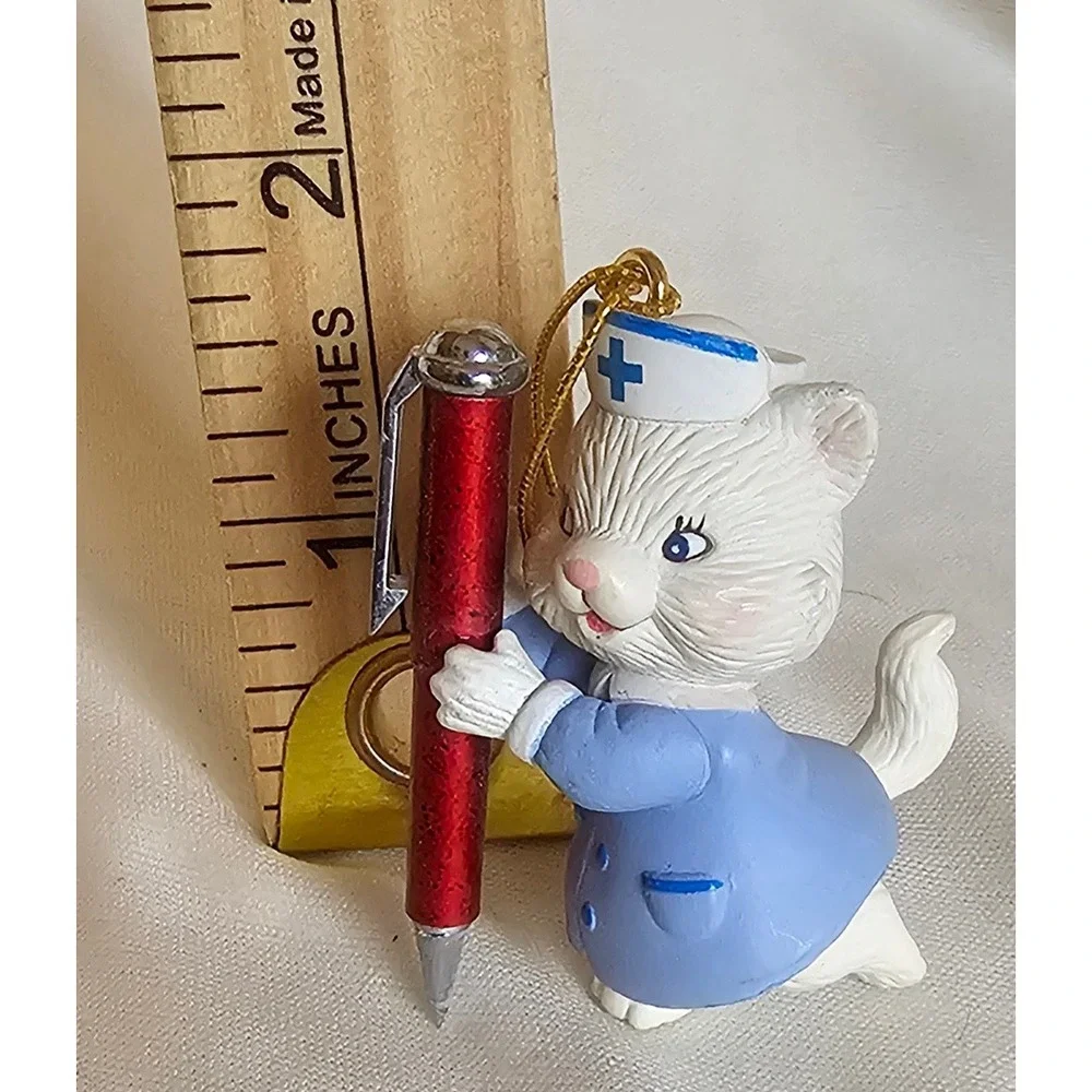 VTG Nurse Cat Christmas Ornament Small Blue White Red Medical Gift